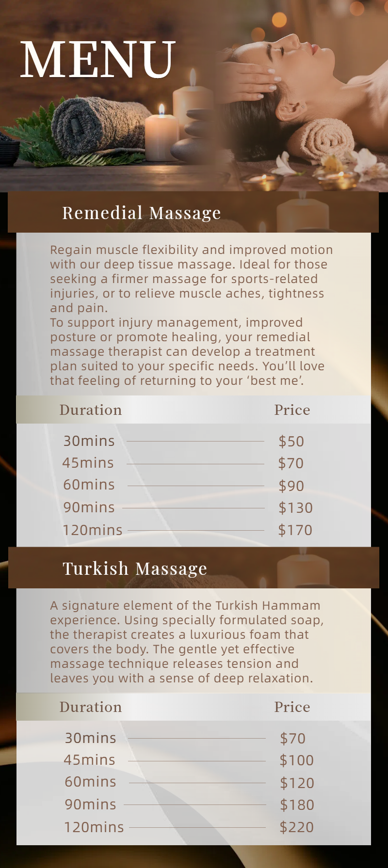 Prestige Massage Menu